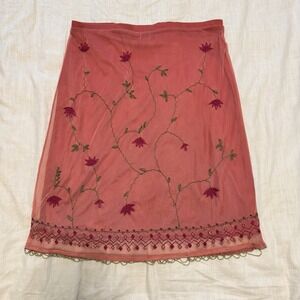 VTG Express Women's Embroidery Mesh Beaded Floral Large Pink Skirt Y2K Fairycore